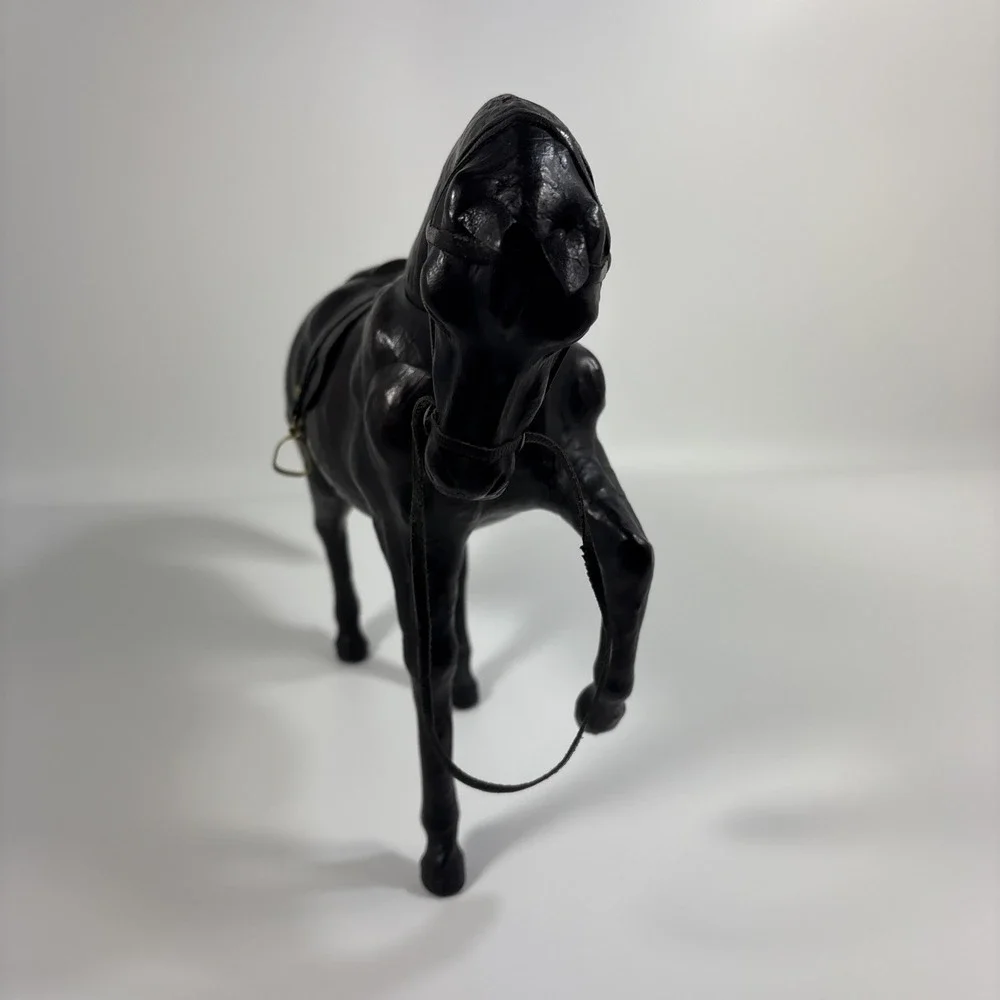 Vintage Leather Wrapped Horse Figurine 16 X 11 In Black Equestrian Western Decor
